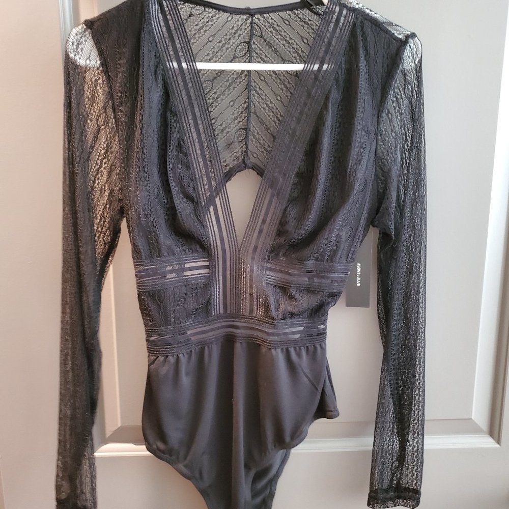 Black Sheer Lace Long Sleeve Bodysuit - Size M